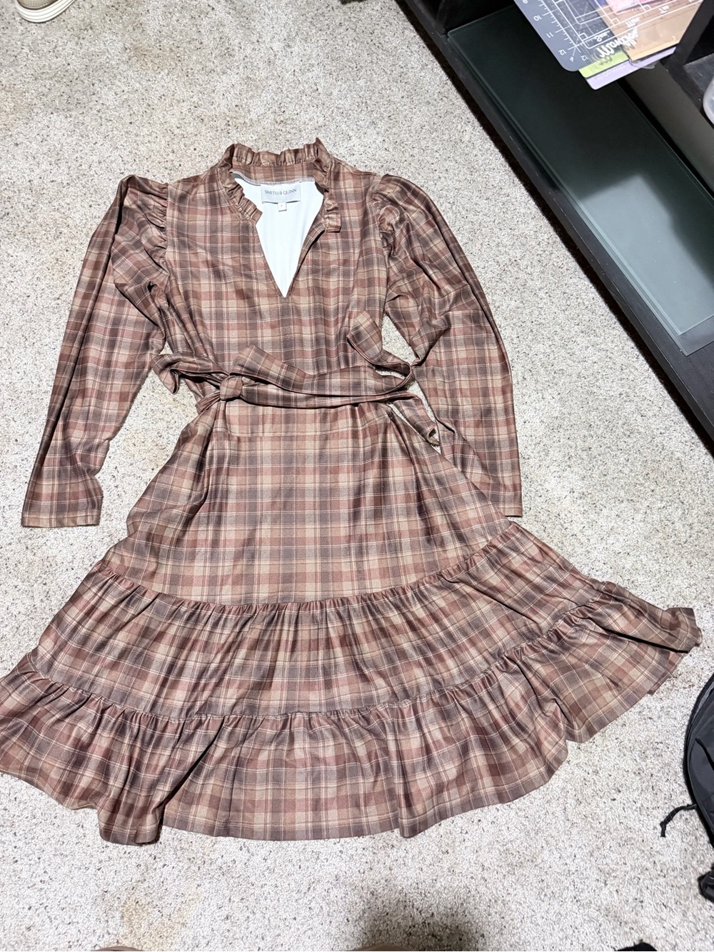 Plaid Ruffle Hem Belted Midi Dress in Brown Tones